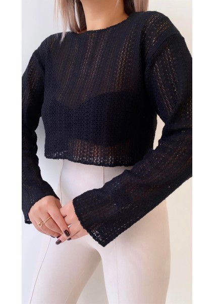 Yazlık Ajurlu Kısa Triko Bluz Siyah fiyatları