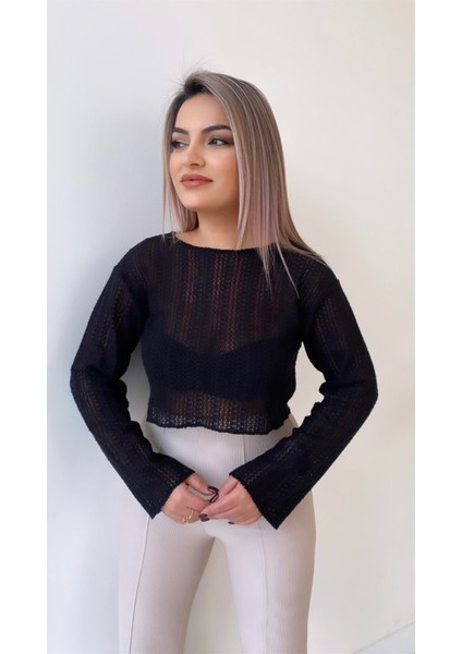 Yazlık Ajurlu Kısa Triko Bluz Siyah indirimleri