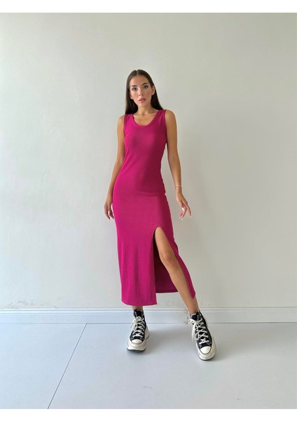 Fitilli Yırtmaçlı Düz Elbise Fuşya