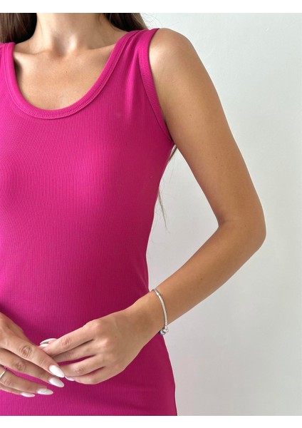 Fitilli Yırtmaçlı Düz Elbise Fuşya fiyatları