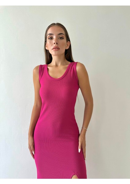 Fitilli Yırtmaçlı Düz Elbise Fuşya modelleri