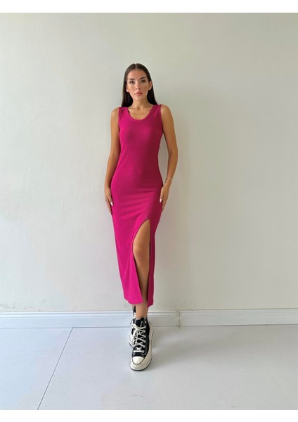 Fitilli Yırtmaçlı Düz Elbise Fuşya fırsatları