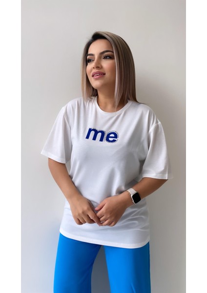 Taşlı Me Yazılı Tişört Ekru Mavi