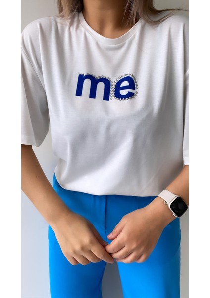 Taşlı Me Yazılı Tişört Ekru Mavi fiyatları