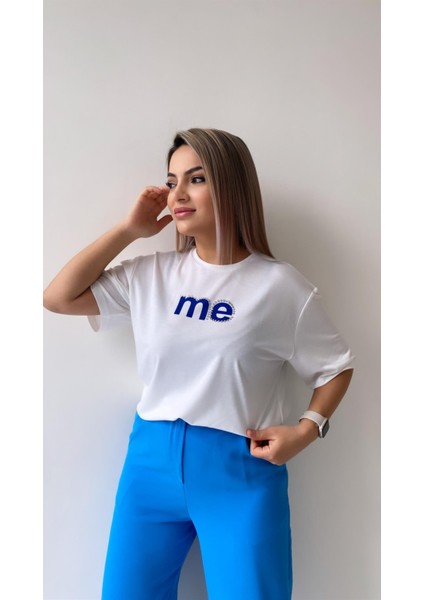 Taşlı Me Yazılı Tişört Ekru Mavi modelleri