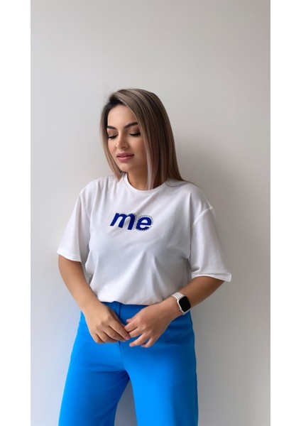 Taşlı Me Yazılı Tişört Ekru Mavi fırsatları