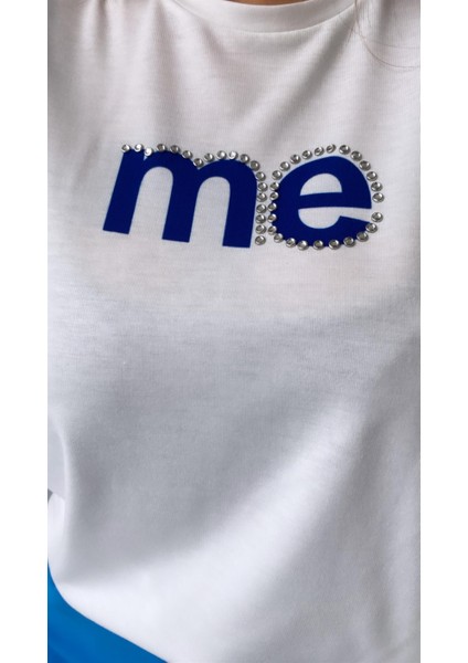 Taşlı Me Yazılı Tişört Ekru Mavi indirimleri
