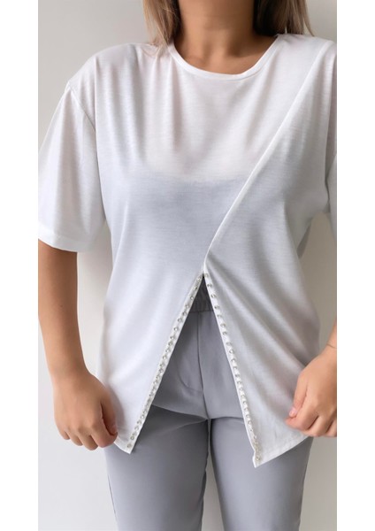 Önü Taş Yırtmaçlı Tişört Ekru modelleri