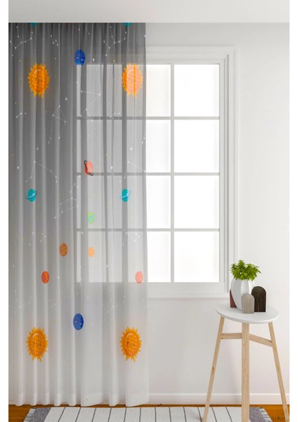 Tül Perde Seyrek Pile (1x2) Çocuk Odası Tül Perde Çocuk Odası Gri Perde Gezegen Desenli Perde