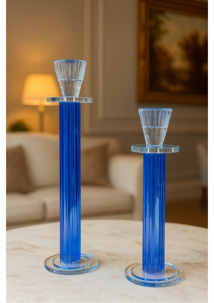 Dekoratif 2'li Kristal Papatya Cam Şamdan - Mavi