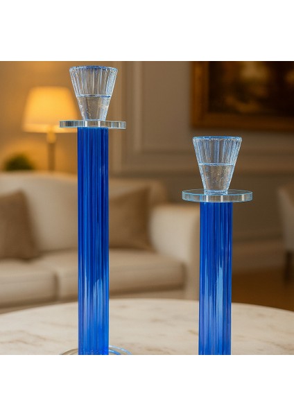 Dekoratif 2'li Kristal Papatya Cam Şamdan - Mavi modelleri