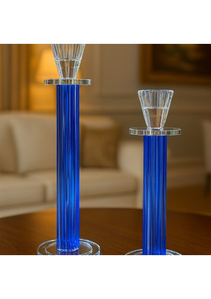 Dekoratif 2'li Kristal Papatya Cam Şamdan - Mavi fırsatları
