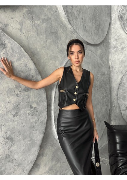 Gold Detaylı Deri Yelek Siyah