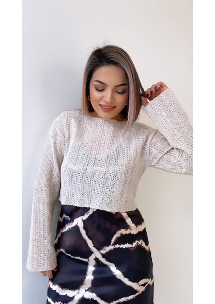 Yazlık Ajurlu Kısa Triko Bluz Bej modelleri