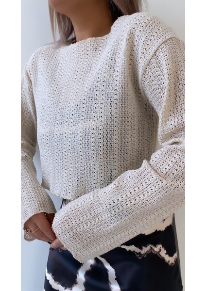 Yazlık Ajurlu Kısa Triko Bluz Bej indirimleri