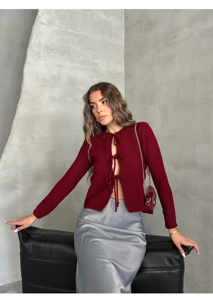 Bağlama Detaylı Triko Hırka Bordo