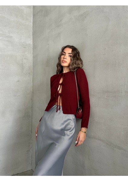 Bağlama Detaylı Triko Hırka Bordo modelleri