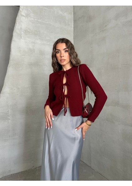 Bağlama Detaylı Triko Hırka Bordo fırsatları