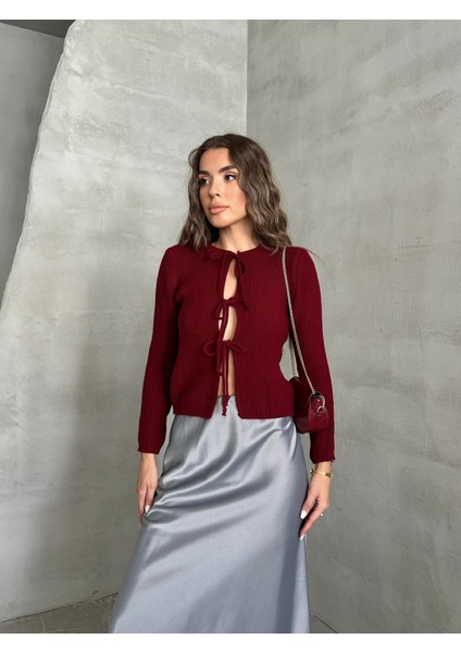 Bağlama Detaylı Triko Hırka Bordo indirimleri