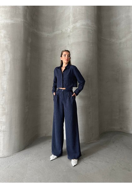 Keten Çizgili Gömlek Pantolon Takım Lacivert fiyatları