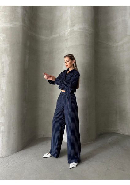 Keten Çizgili Gömlek Pantolon Takım Lacivert fırsatları