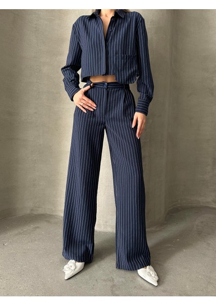Keten Çizgili Gömlek Pantolon Takım Lacivert indirimleri