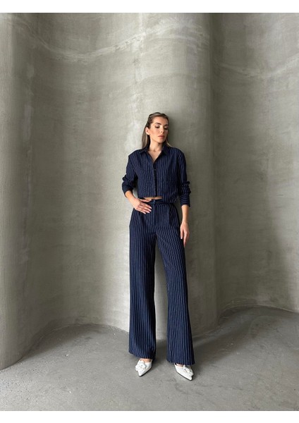 Keten Çizgili Gömlek Pantolon Takım Lacivert