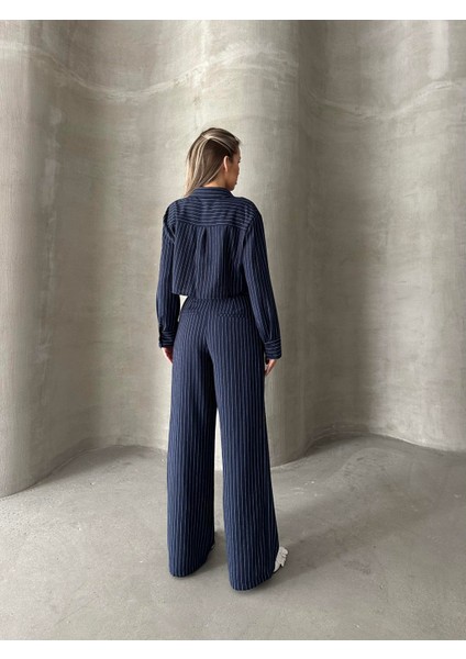 Keten Çizgili Gömlek Pantolon Takım Lacivert