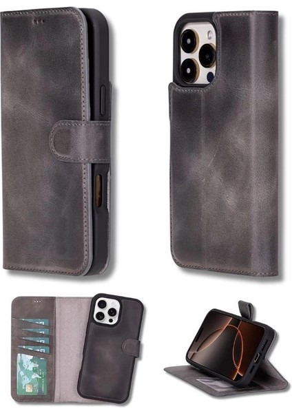 Apple iPhone 16 Pro Uyumlu, Hakiki Deri, El Yapımı, Cüzdanlı Kılıf, Gölgeli Gri