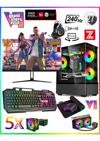 GTA-VI RX8XT ✔ Ryzen 7 7700 Ddr5 32GB 5600MHZ Ram 1TB M.2 Nvme SSD 16GB GDDR6 RX9060XT 27" 240Hz Sıvı Soğutmalı Premium Oyuncu Bilgisayarı