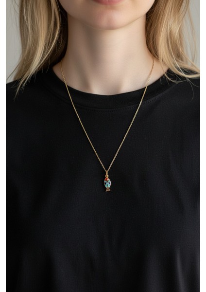 Balık Figürlü Renkli Mineli 14 Ayar Altın Kolye fiyatları