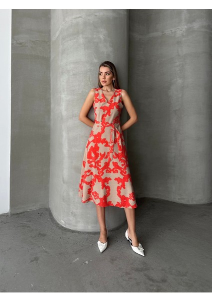 Kuşaklı Desenli Kalın Askılı Elbise Bej modelleri