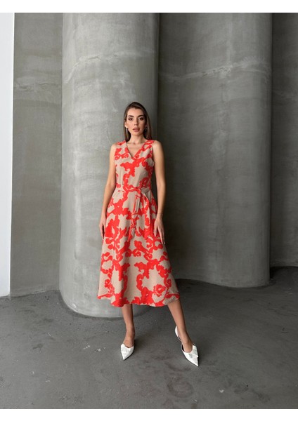 Kuşaklı Desenli Kalın Askılı Elbise Bej indirimleri