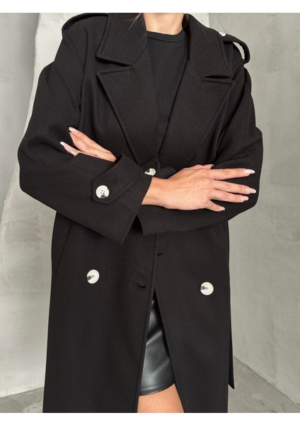 Apoletli Premium Kaşe Kaban Siyah fırsatları