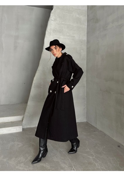 Apoletli Premium Kaşe Kaban Siyah