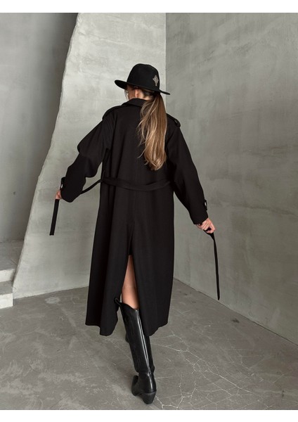 Apoletli Premium Kaşe Kaban Siyah