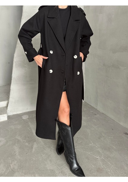 Apoletli Premium Kaşe Kaban Siyah