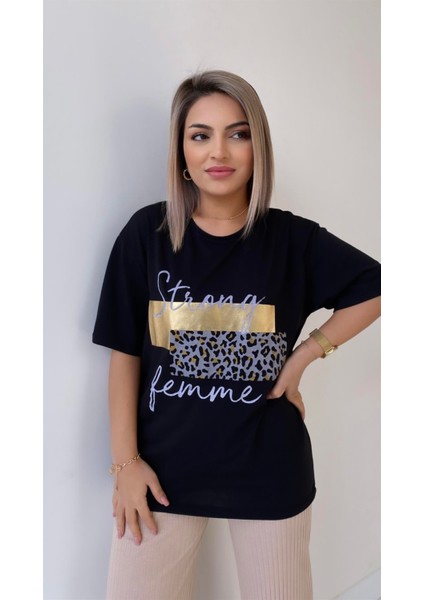 Leopar Baskılı Femme Tişört Siyah Gold