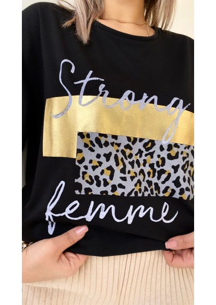 Leopar Baskılı Femme Tişört Siyah Gold modelleri