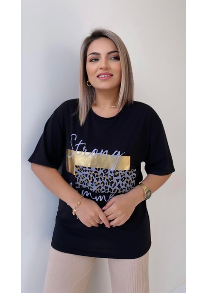 Leopar Baskılı Femme Tişört Siyah Gold fırsatları