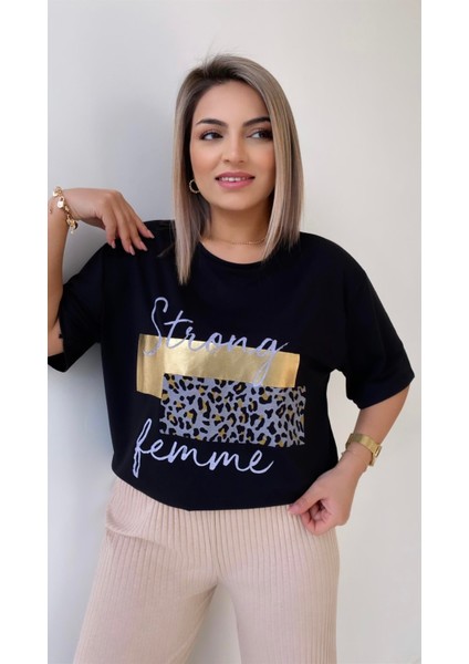 Leopar Baskılı Femme Tişört Siyah Gold