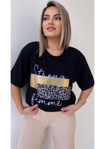 Leopar Baskılı Femme Tişört Siyah Gold
