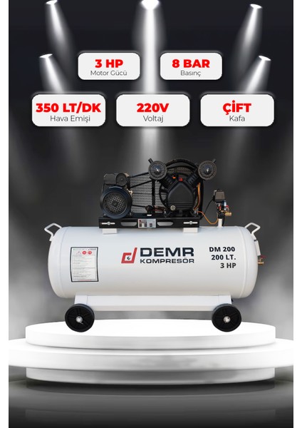 Hava Kompresörü Pistonlu 200 Lt 2 Kafa 8 Bar 3 Hp IDM200