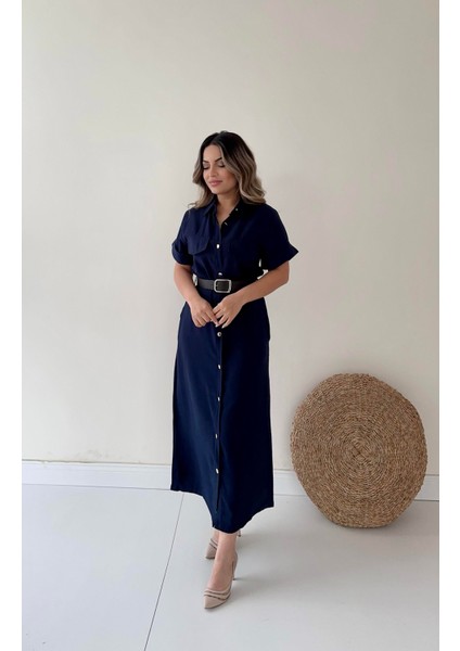 Kemerli Midi Gömlek Elbise Lacivert