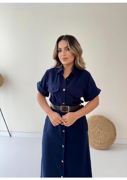 Kemerli Midi Gömlek Elbise Lacivert fiyatları