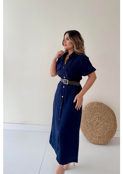 Kemerli Midi Gömlek Elbise Lacivert modelleri