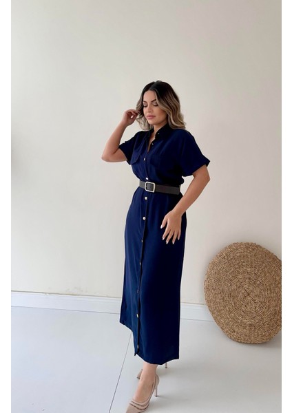 Kemerli Midi Gömlek Elbise Lacivert fırsatları