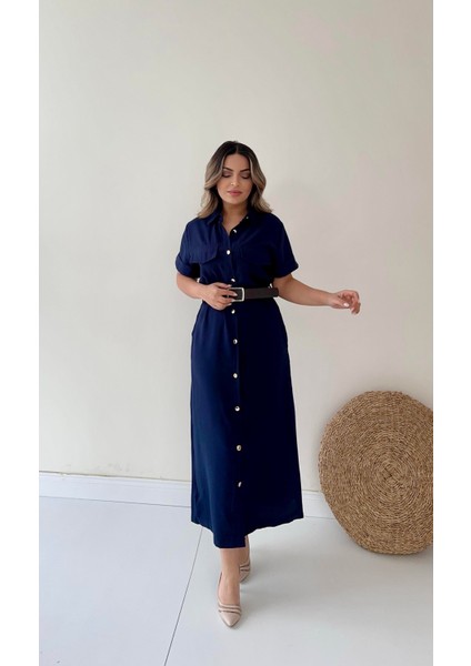 Kemerli Midi Gömlek Elbise Lacivert indirimleri