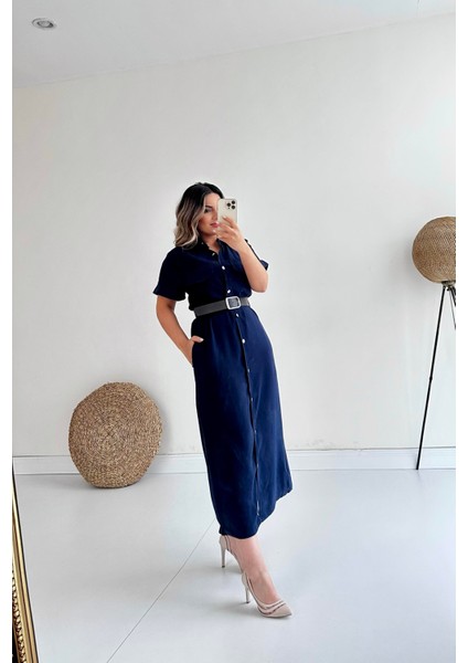 Kemerli Midi Gömlek Elbise Lacivert