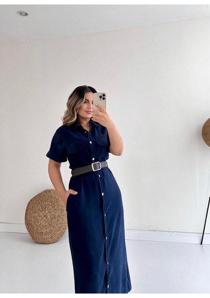 Kemerli Midi Gömlek Elbise Lacivert